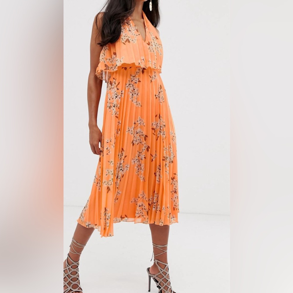 Pleated midi dress double layer bodice and Vneck alter in orange floral print